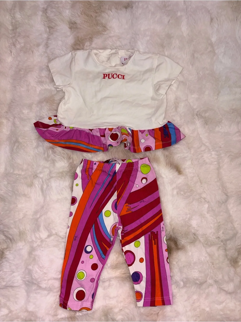 Emilio Pucci White Top with Pink, Red & Orange Swirl Leggings